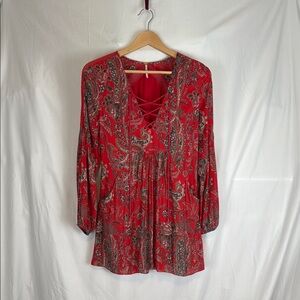Women's Free People Lined Tunic Mini Dress Red with Paisley Bohemian Size XS